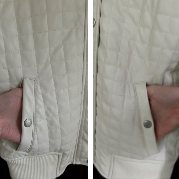 LEVI’S Faux Leather Quilted Hooded Bomber Jacket Ivory Zipper Snap Button | Sz S - Picture 6 of 14